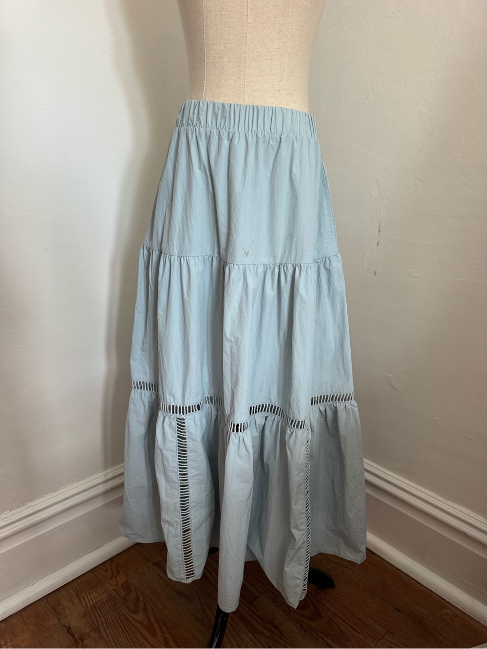 Light Blue Tiered Maxi Skirt with Ladder Trim